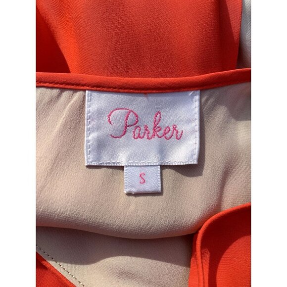 Parker Silk Colorblock Chemise Dress Keyhole Neck Orange Tan Size Small - Picture 8 of 11